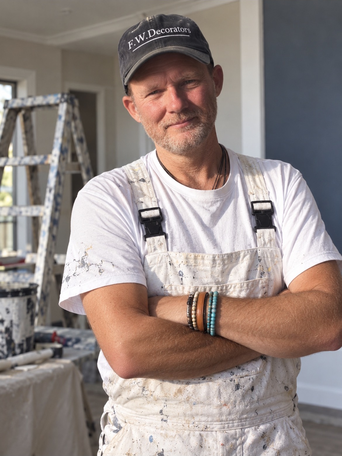 Fairn in decorating overalls and an F.W.Decorators cap, standing beside a ladder